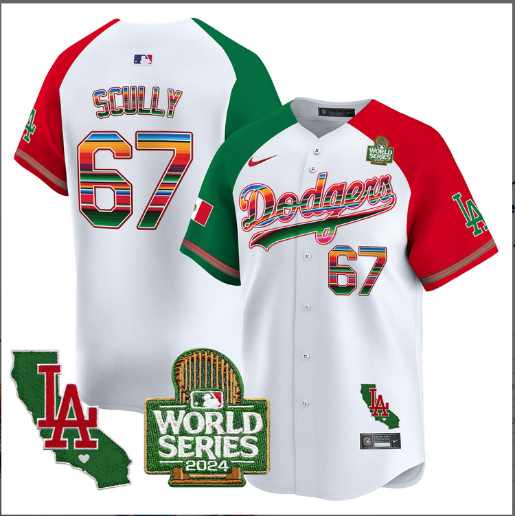 Men MLB Mexico Los Angeles Dodgers #67 Scully white 2024 World Series Champions Patch Jersey 2024110 style 2->los angeles dodgers->MLB Jersey